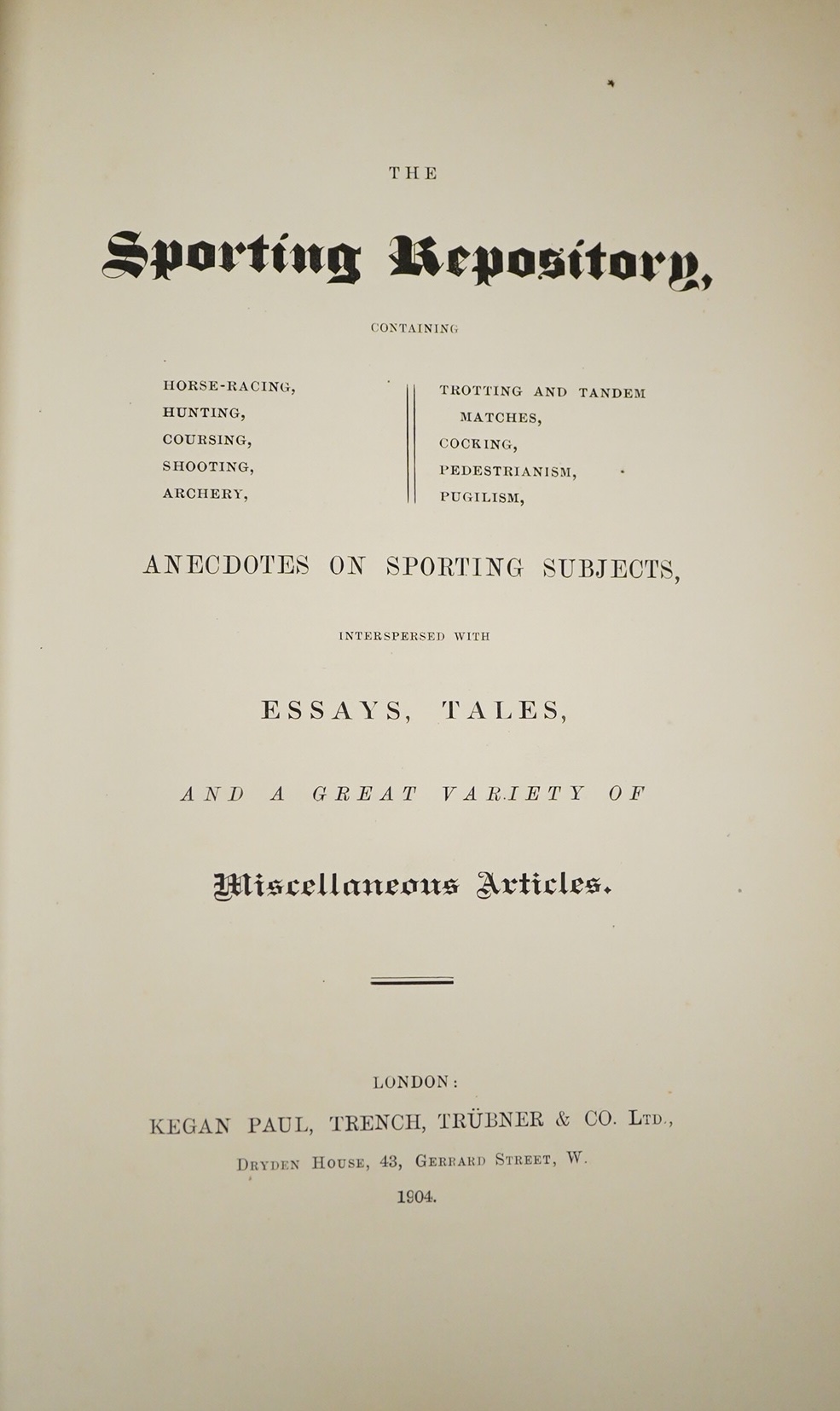 The Sporting Repository ... (new edition with limitation of 500 copies). 22 hand coloured plates (by Henry Alken); mid 20th century gilt ruled half morocco and cloth, gilt pictorial panelled spine, gilt top, roy.8vo. 190